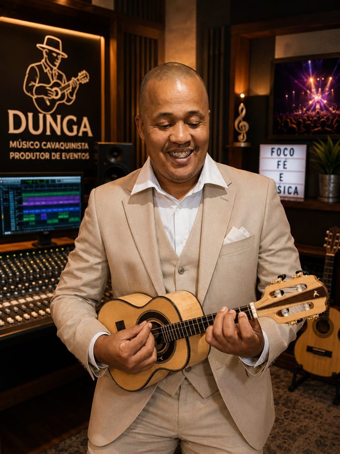 Dunga do Cavaco de terno claro tocando cavaquinho em estúdio